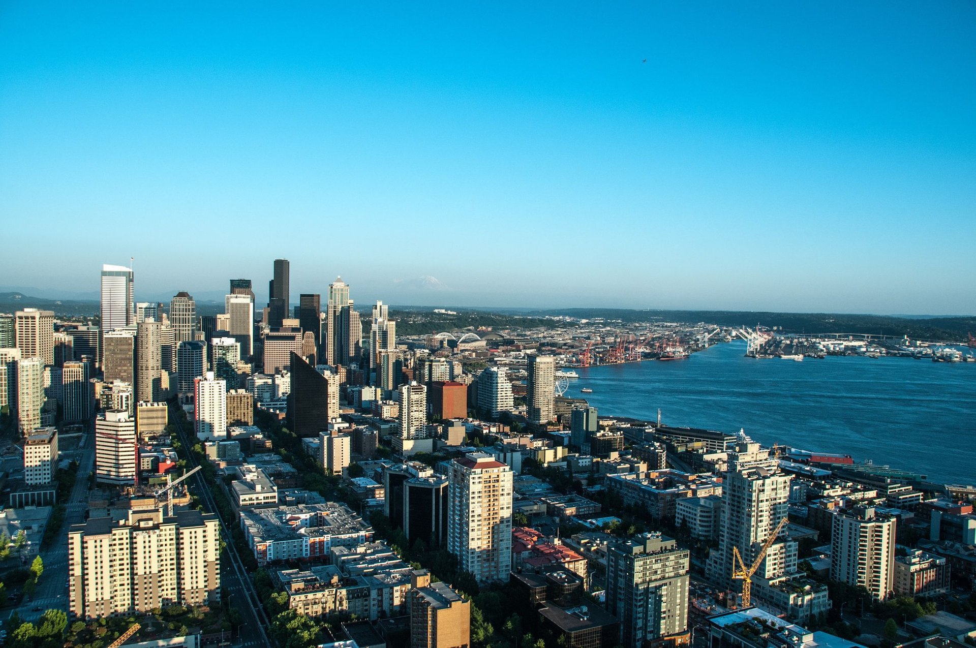 Aerial view of a waterfront city skyline on a clear day
